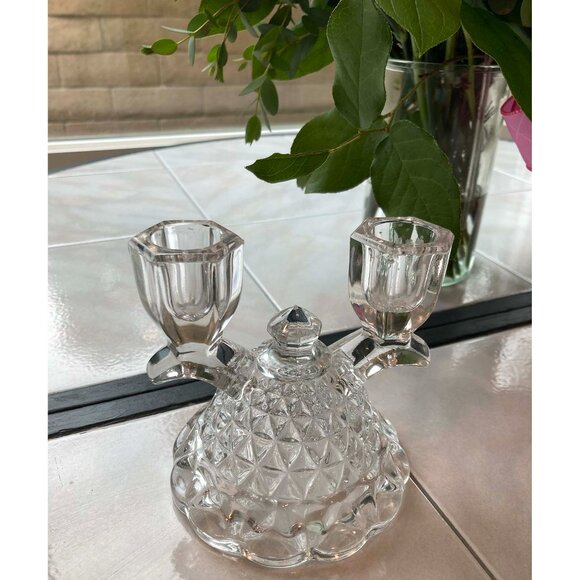 Vintage Double Imperial Crystal Style Glass Taper Candle Holder 4.5 Inch - Picture 1 of 4